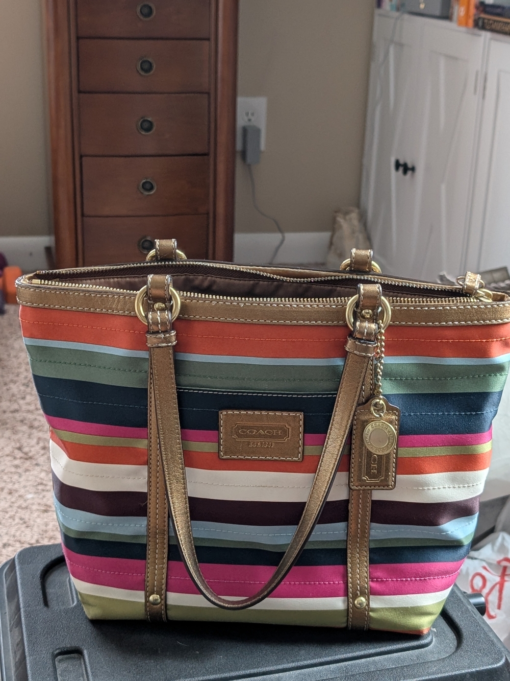 Coach Legacy Striped Small Tote Bag - Gold Trim